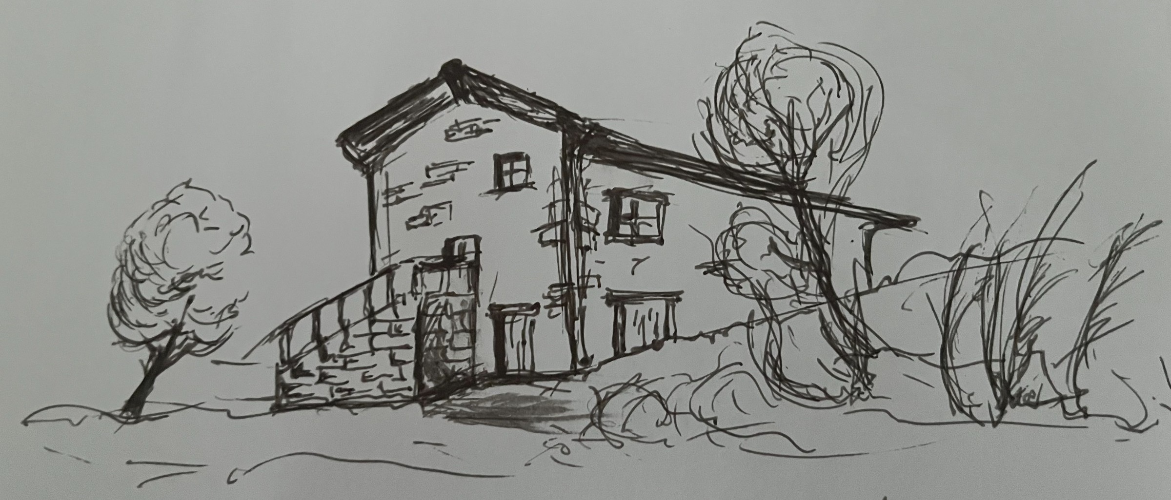 Scenic landscape ink sketch of a countryside house surrounded by stylized, textured trees.